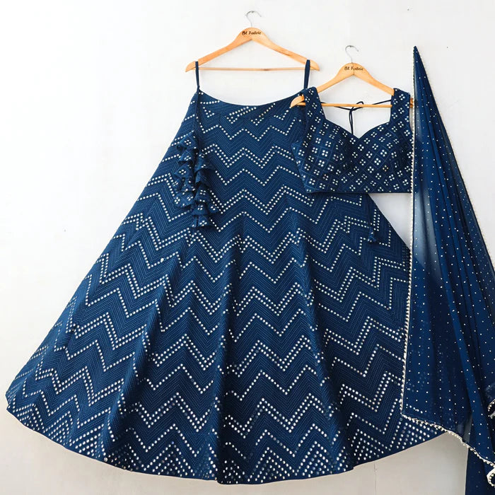 Blue Color Mirror Embroidery work Designer Lehenga Choli for Wedding & Party Function