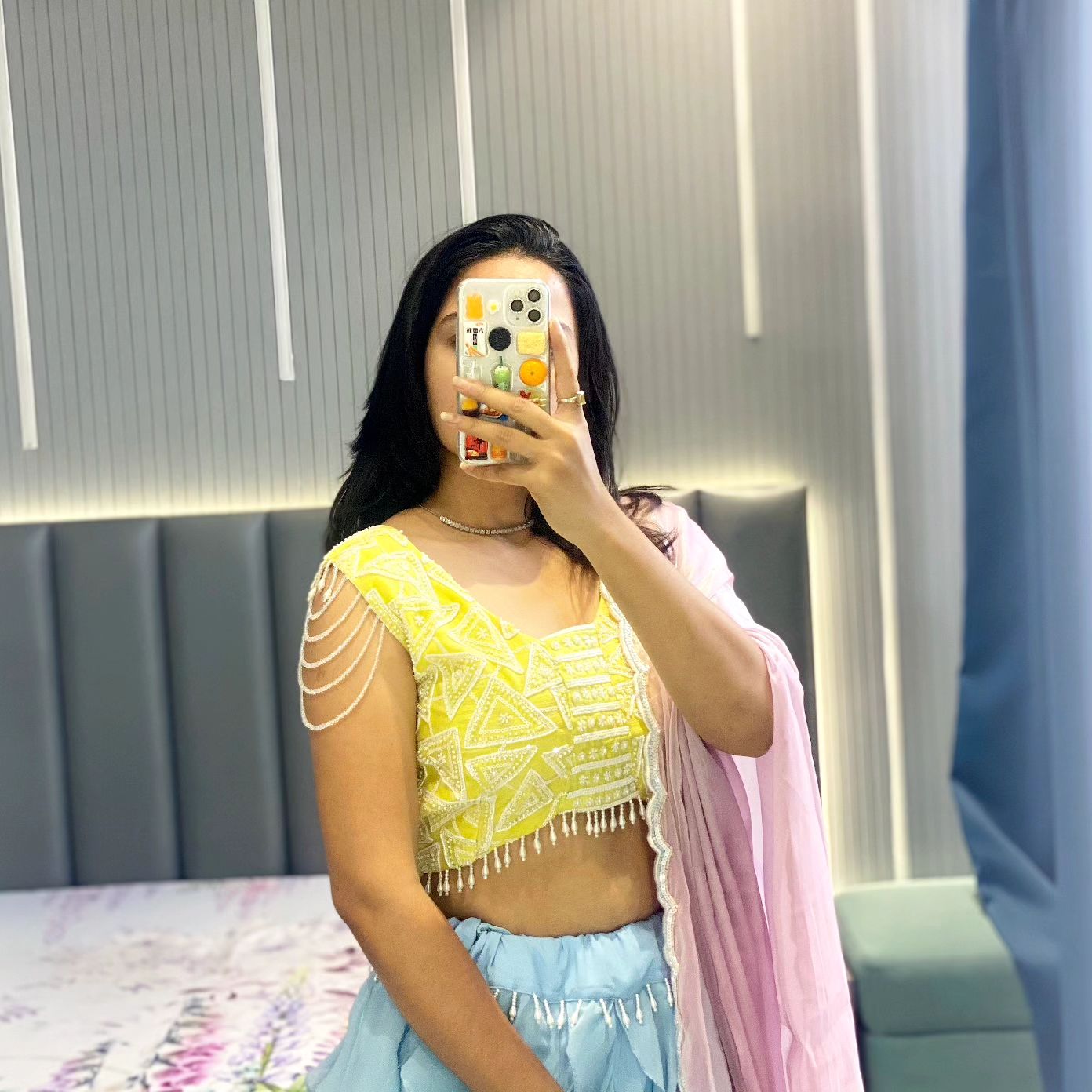 Yellow And Blue Georgette Ruffle Lehenga With Heavy Embroidered Blouse