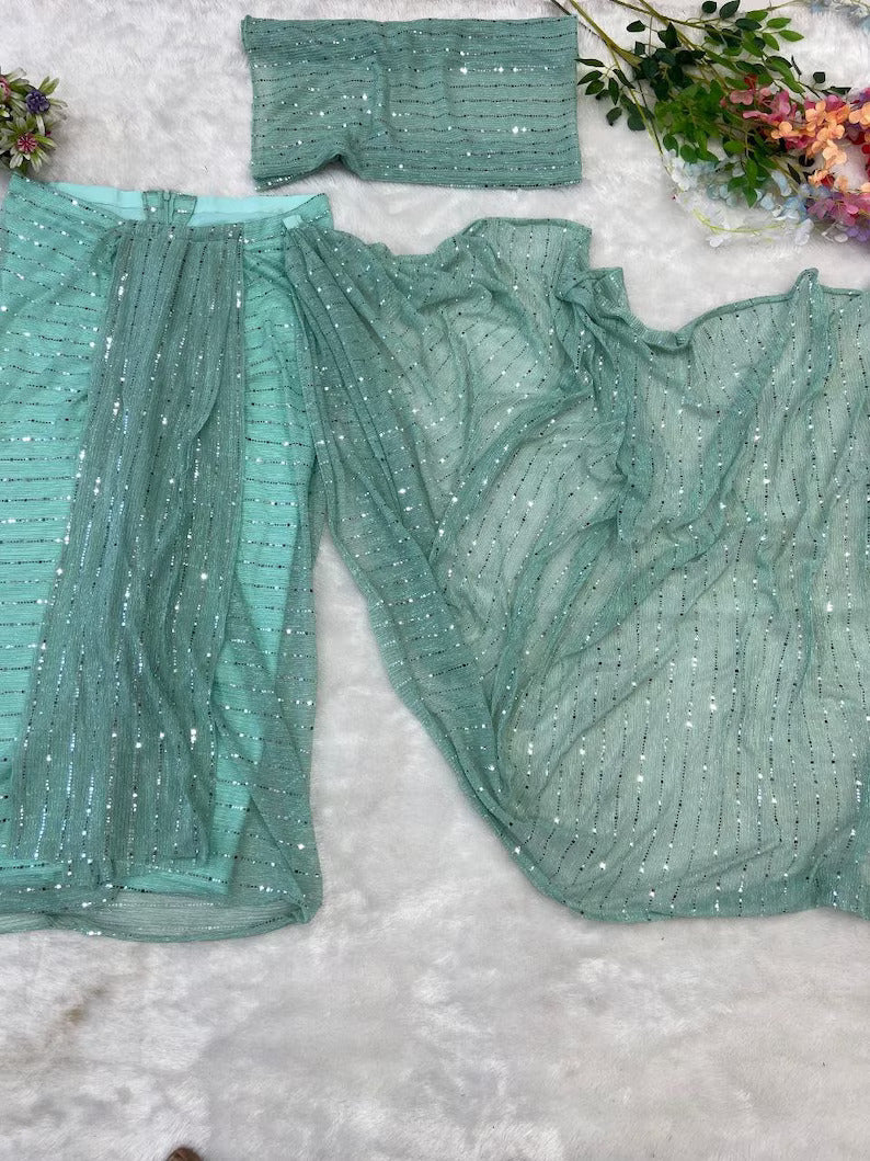 Goddess Green Net Sequence Ready To Wear Saree