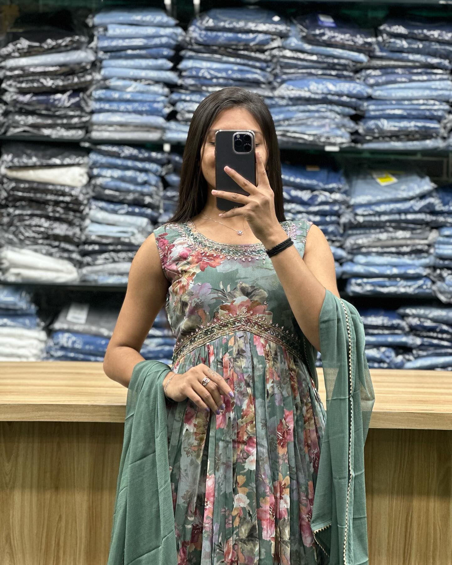 Women's Green Floral Printed Anarkali Suit