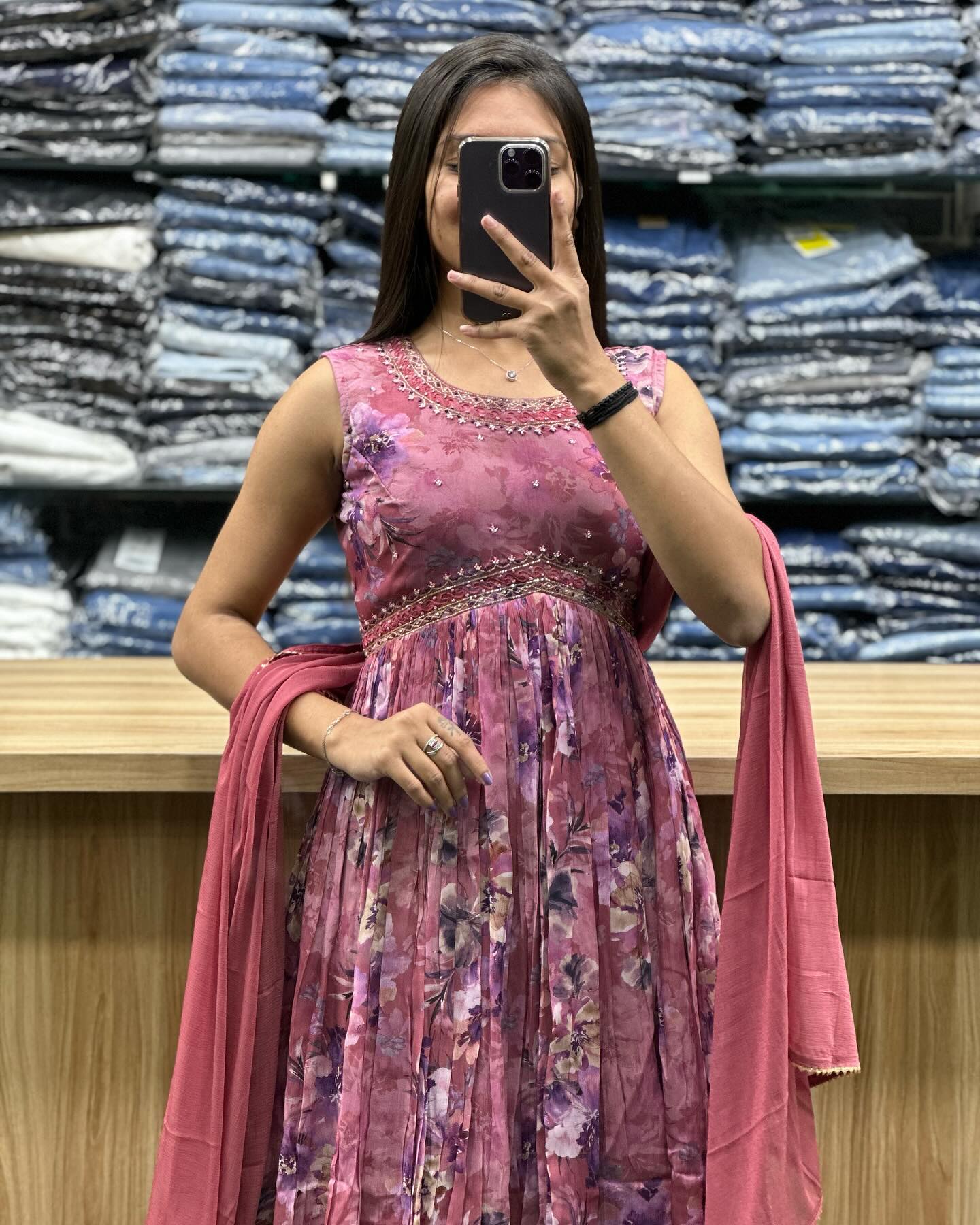 Magenta Pink Floral Alia Cut Chinnon Anarkali Suit
