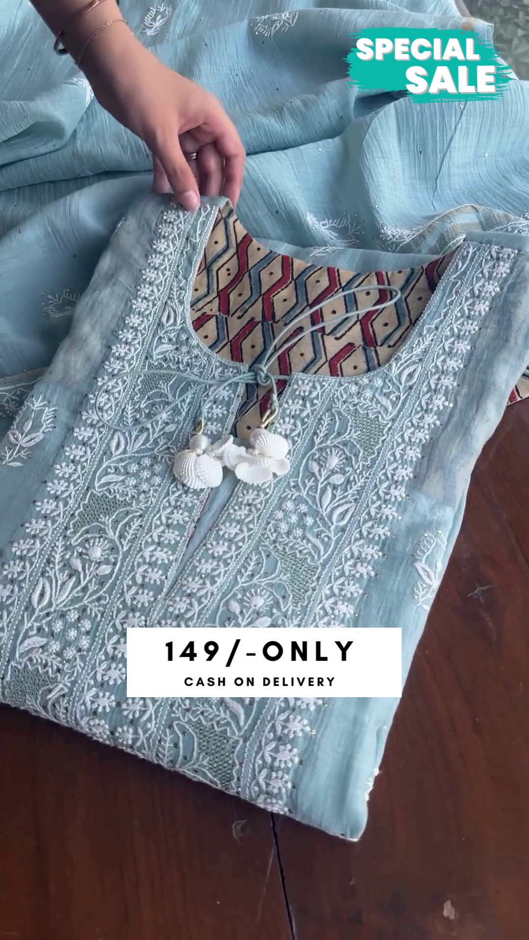 Sky Blue Tabby Organza Chanderi Thread Work Kurti With Plazo