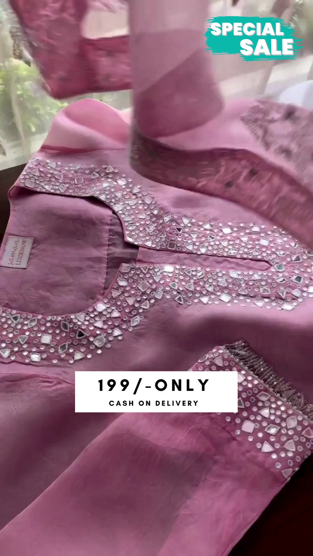 Organza Chikankari Applique Kurta Set Prussian Pink Colour