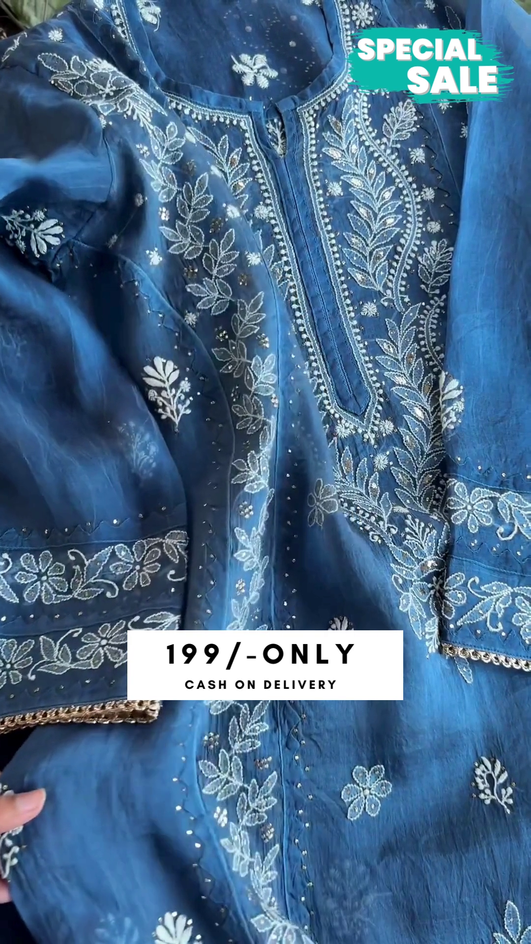 Organza Chikankari Applique Kurta Set Prussian Blue Colour