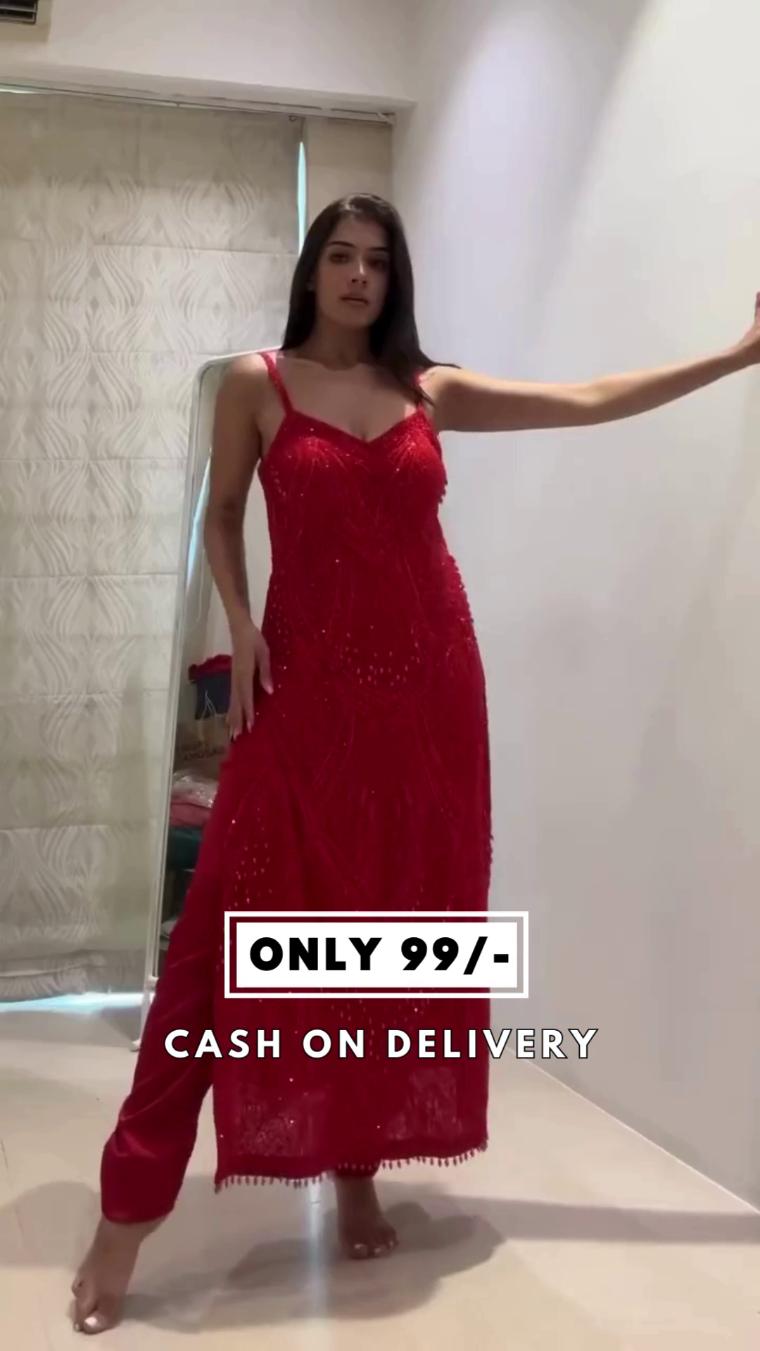 Women's Sleeveless V-Neck Red Kurta with Sequence Work