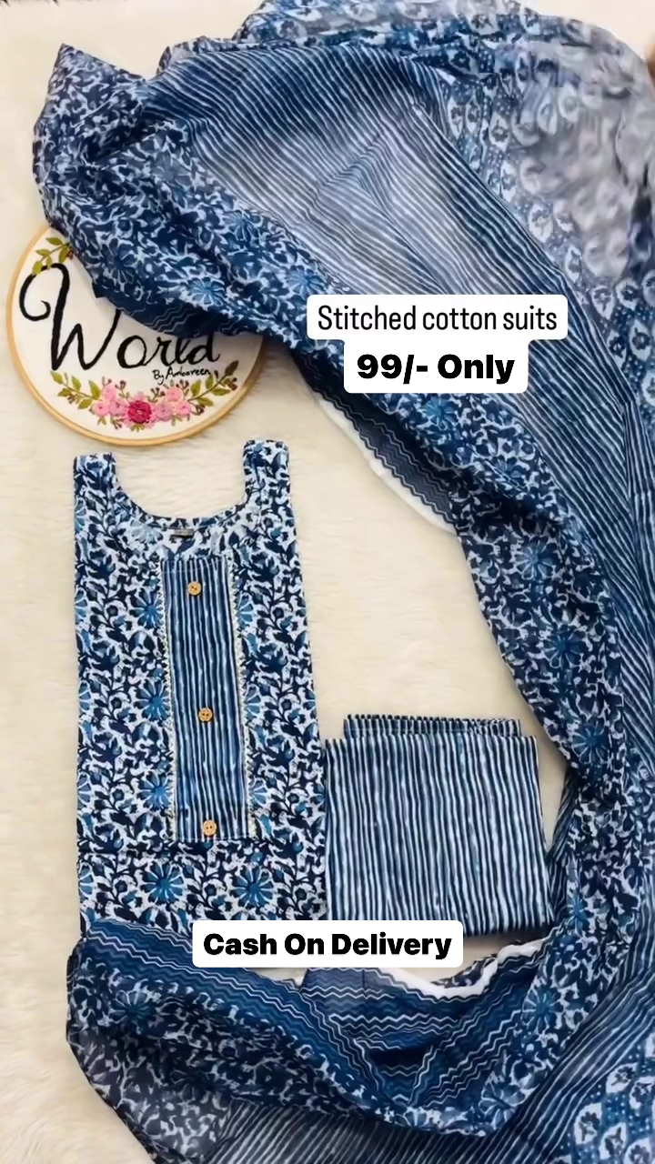 Printed Cotton Round Neck Women's Kurta Trouser Dupatta Set