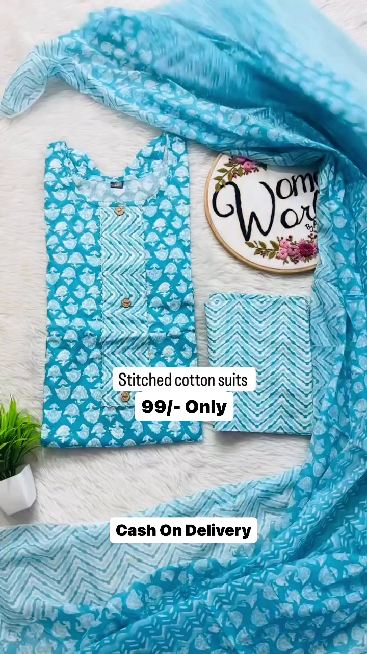 Women Cotton Blend Kurti Pant Dupatta Set