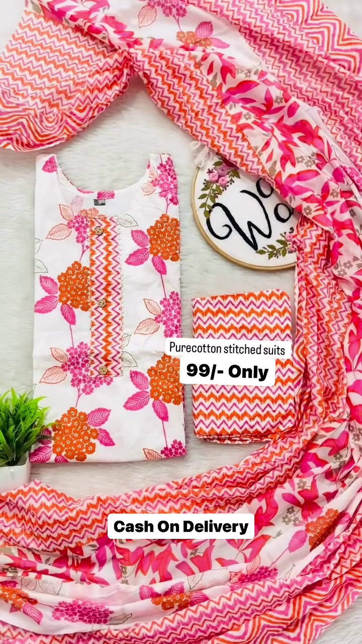 Women's Cotton Blend Floral Block Printed Straight Kurta Pant With Dupatta