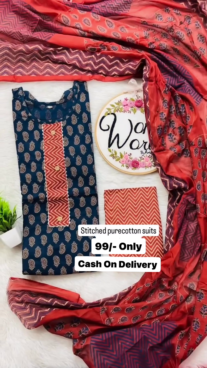 Pure Cotton Blue Designer Stich Kurti Plazzo Set With Dupatta