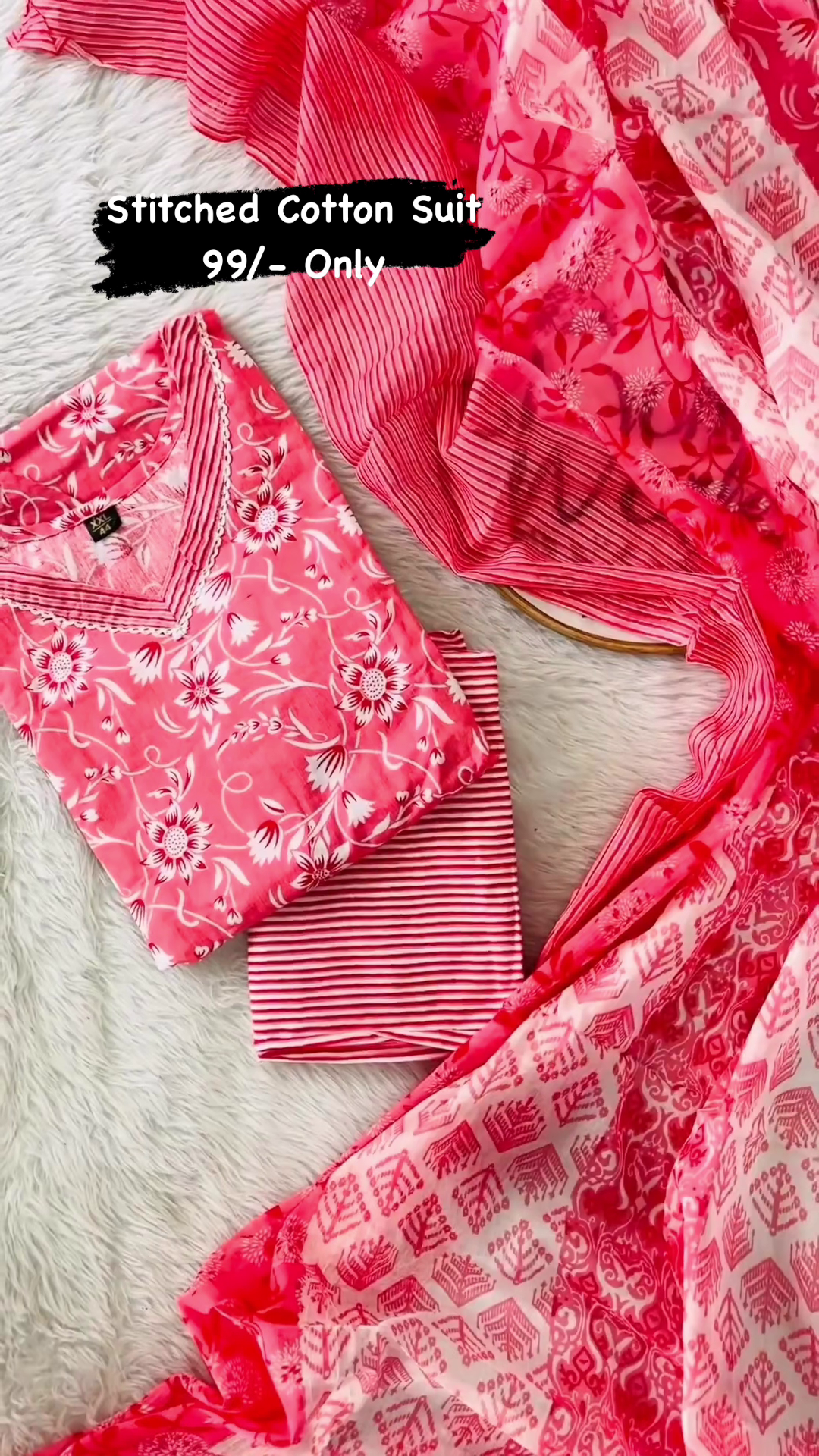 Round Neck Cotton Salwar With Dupatta For Women