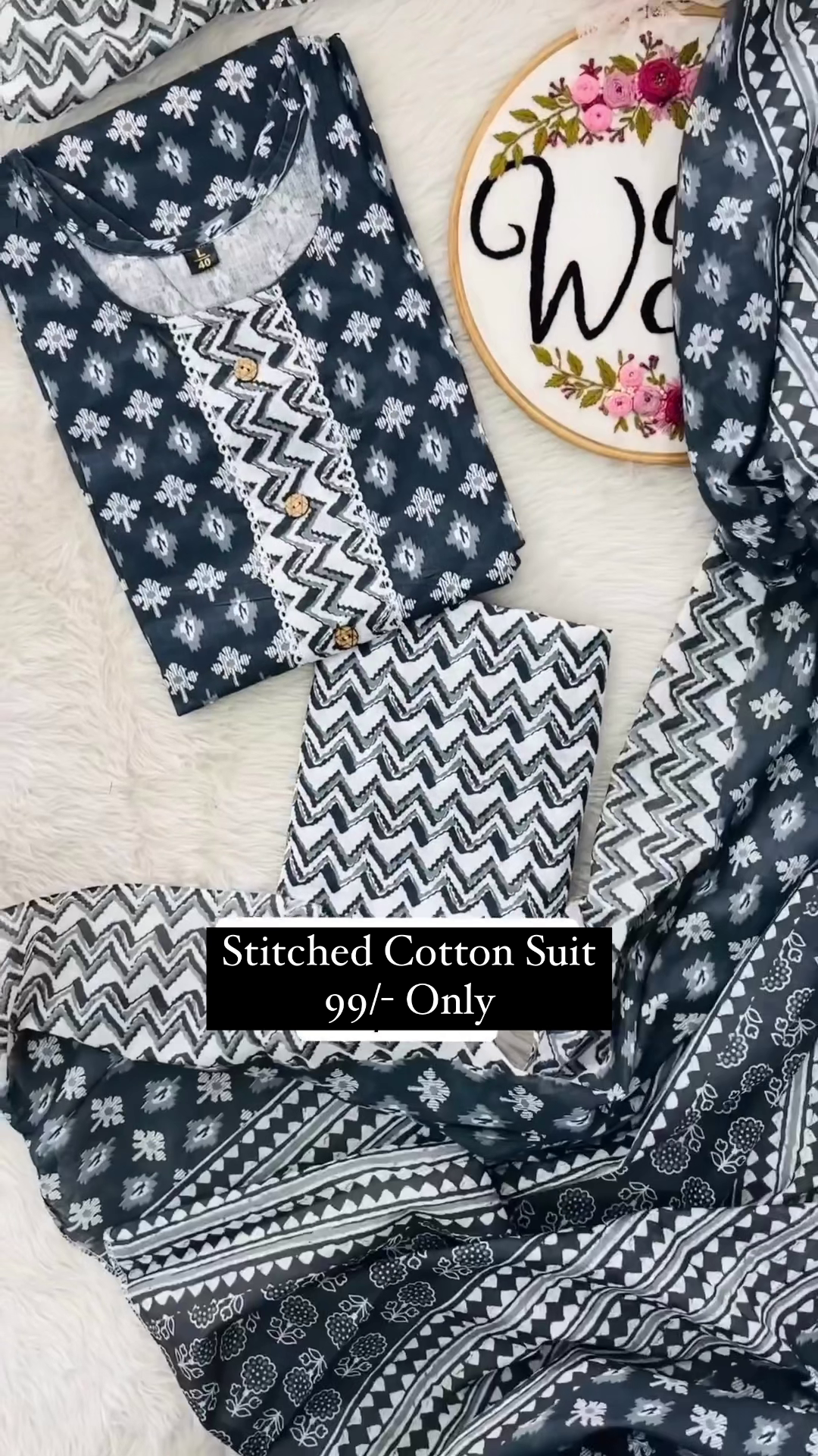 V Neck Fancy Cotton Salwar With Dupatta For Women