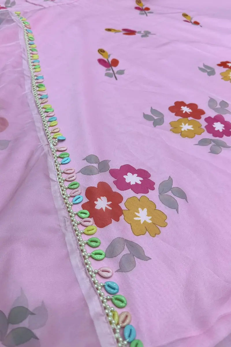 Pink Floral Ready To Wear Chiffon Kurti With Dupatta