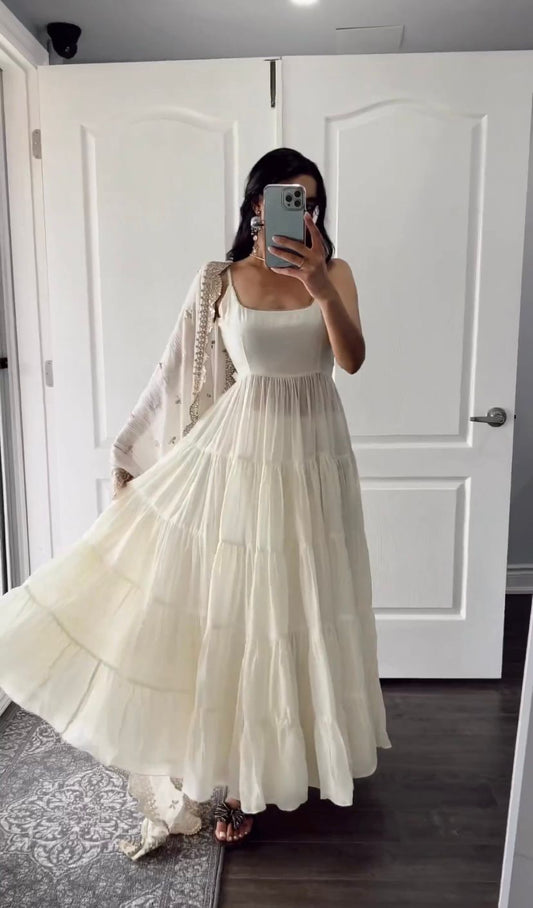 White Faux Georgette Sleeveless Anarkali Style Gown