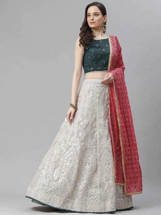 Organza Silk Fabric Cream Colour Semi-Stitched Lehenga in Resham,Mirror Work & Choli with Bandhej Printed Dupatta