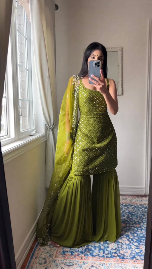 Beautiful Green Color Embroidery With Sequence Work Sharara