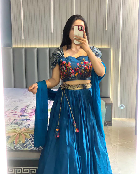 Blue Georgette Ruffle Lehenga With Heavy Embroidered Blouse