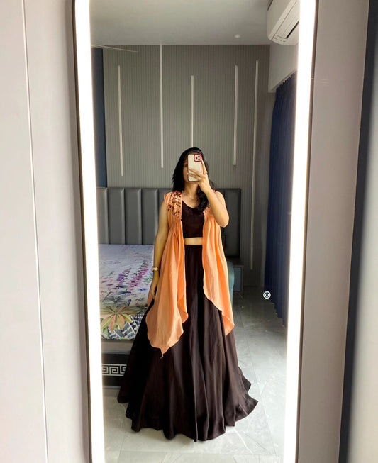 Orange And BLack Georgette Ruffle Lehenga With Blouse
