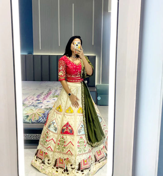 Red And White Georgette Ruffle Lehenga With Heavy Embroidered Blouse