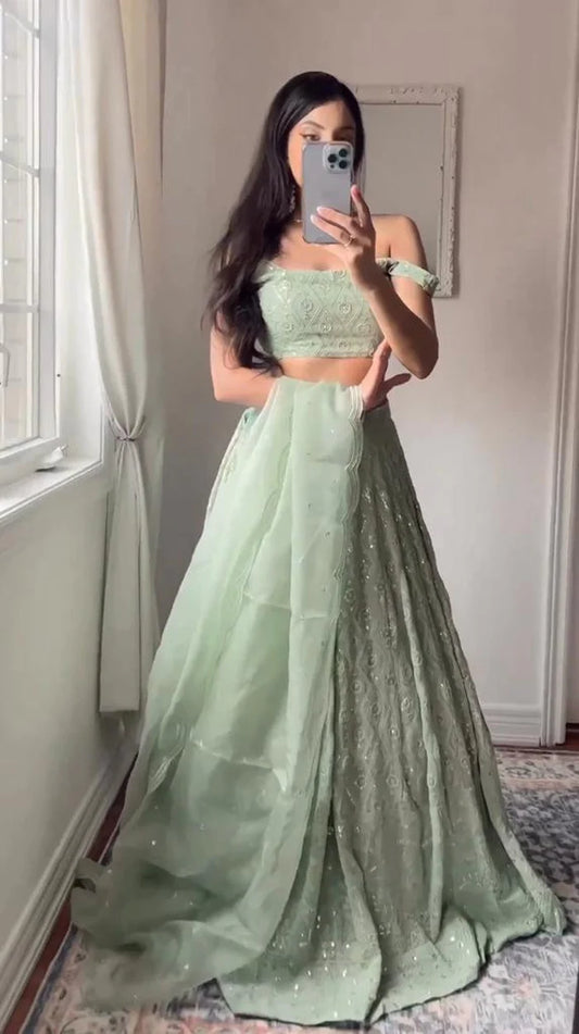 Charming Light Green Colour Fancy Thread Work with Sequnce Work Lehenga Choli