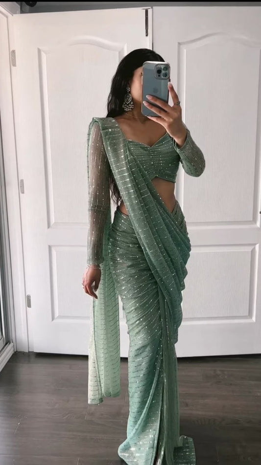 Goddess Green Net Sequence Ready To Wear Saree