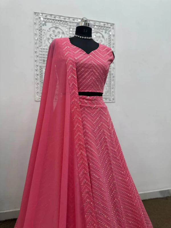 Hot Pink Color Embroidery Sequence Work Designr Lehenga Choli