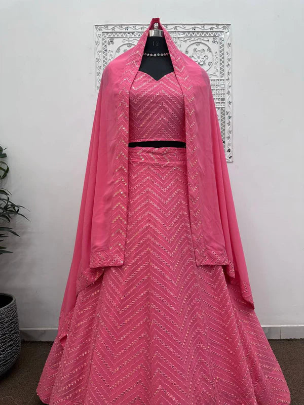 Hot Pink Color Embroidery Sequence Work Designr Lehenga Choli