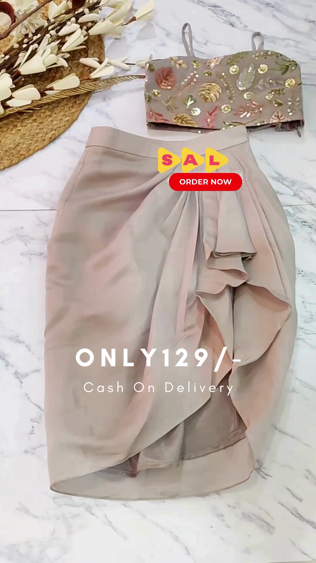 Asymmetrical Top And Skirt. Wrap Style With A Wide Slit On The Side
