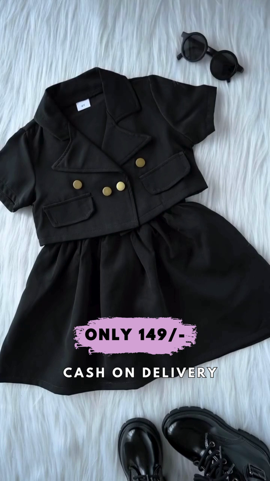 Toddler Girls Short Sleeve Solid Colour Suit Jacket Suspender Dress Two Piece New Born Girl