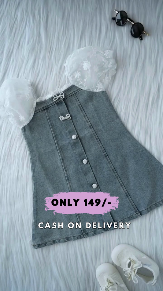 Pearl A-Line Bow Lace Baby Girls Denim Dresses Fashion Girls Seersucker Sleeve Splicing Denim Frock Party Kids Dress