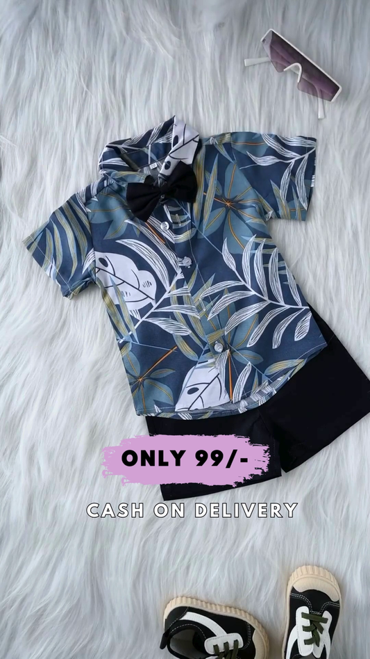 Baby Boy Clothe Kids Toddler Boy Clothes Short Sleeve Leaves Printed Lapel Buttons Shirt Pockets Shorts