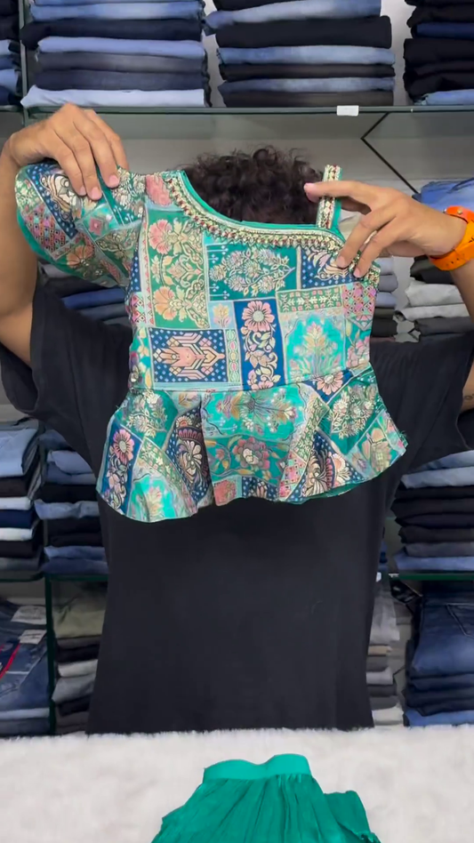 Ocean Blue Embroidered And Printed Plazzo Set For Kids
