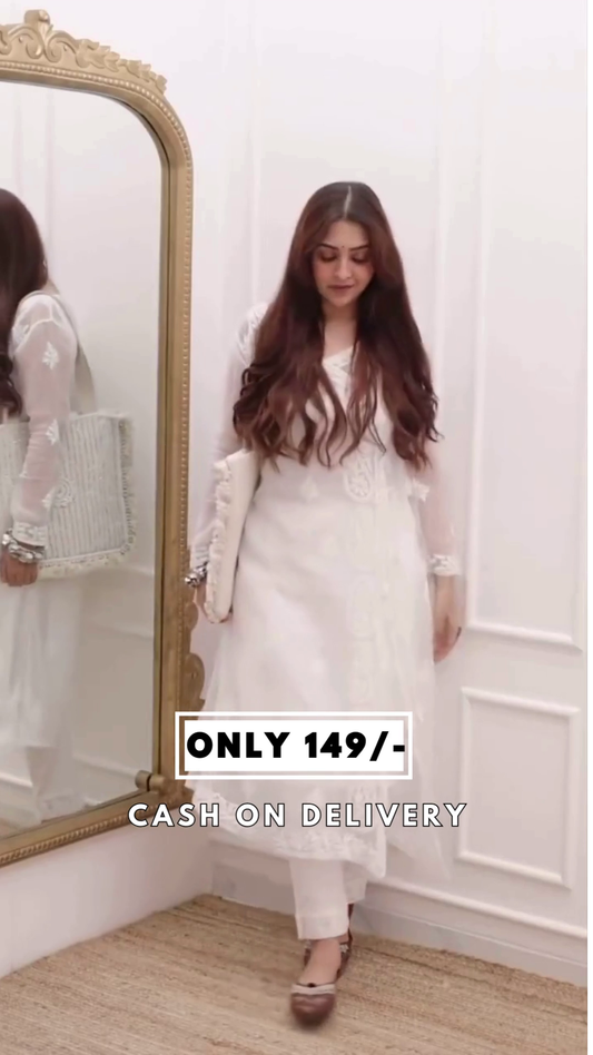 White Color Faux Georgette Chikankari Embroidery Work Kurti Set