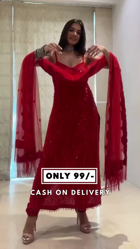 Women's Sleeveless V-Neck Red Kurta with Sequence Work