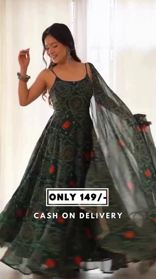 Bandhani Print Beautiful Anarkali Green Color Suit