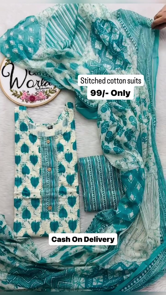 Printed Cotton Round Neck Women's Kurta Trouser Dupatta Set