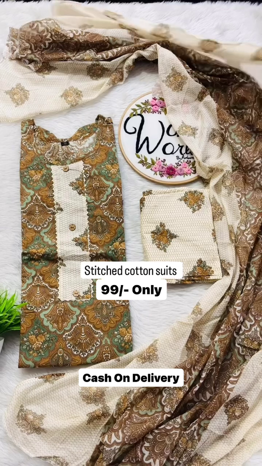 Women Cotton Blend Kurti Pant Dupatta Set