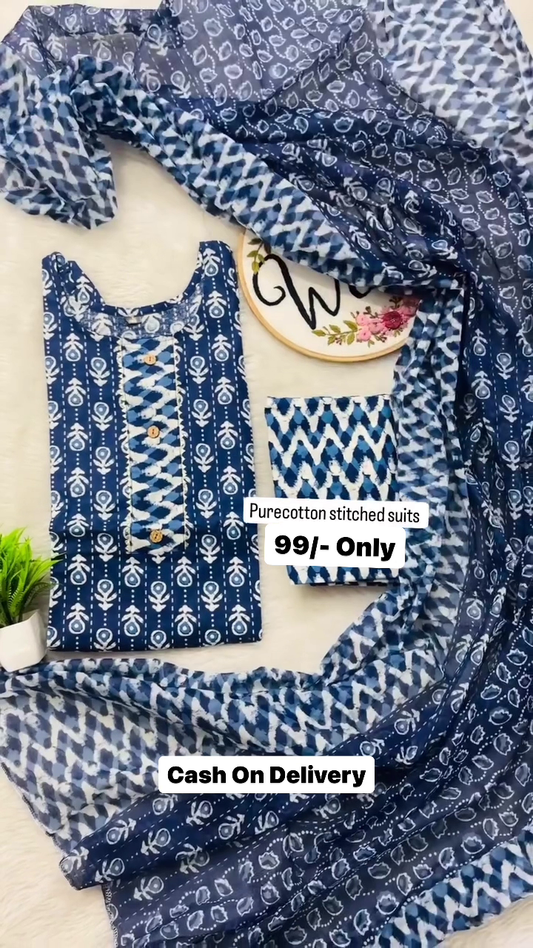 Women's Cotton Blend Floral Block Printed Straight Kurta Pant With Dupatta