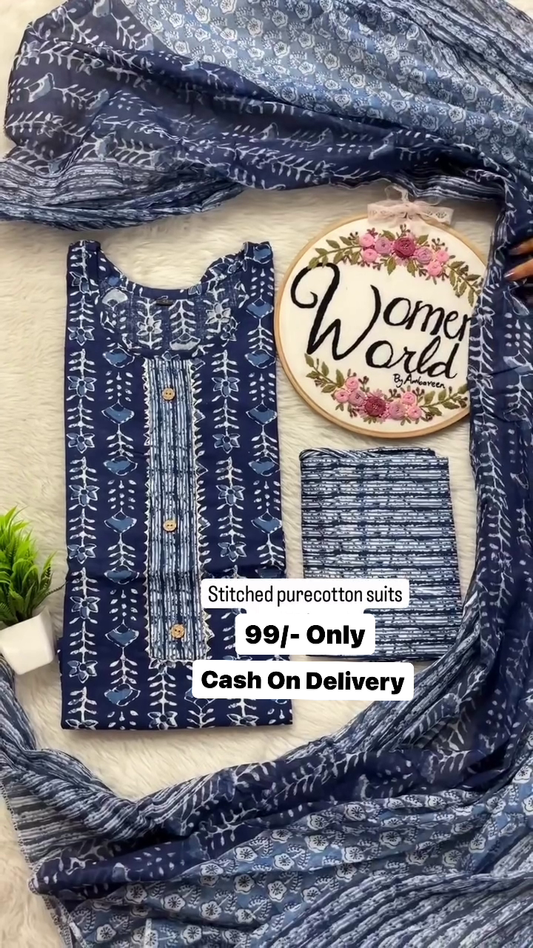 Pure Cotton Blue Designer Stich Kurti Plazzo Set With Dupatta