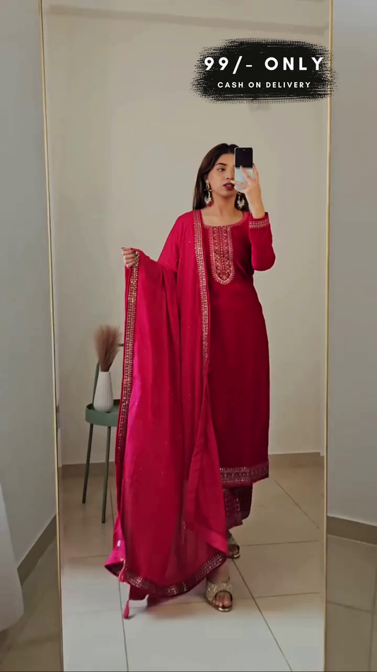 Ethnic Motifs Regular Chanderi Silk Straight Kurta with Trousers & With