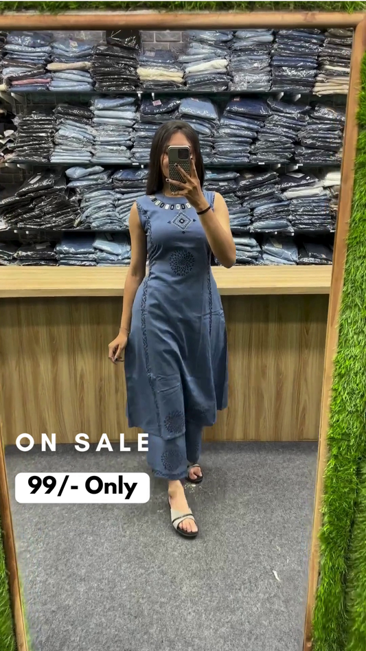 Women Embroidred Kurta and Pant Set Cotton Blend