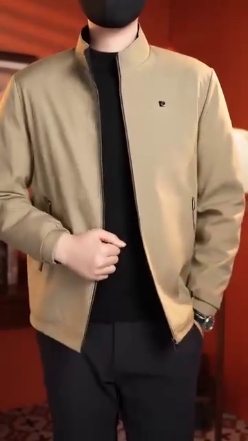 Men'sKhaki Jackets Spring Autumn Slim Fit Men Work Jacket Stand Collar Windproof Casual Jacket Solid Color Male Coat