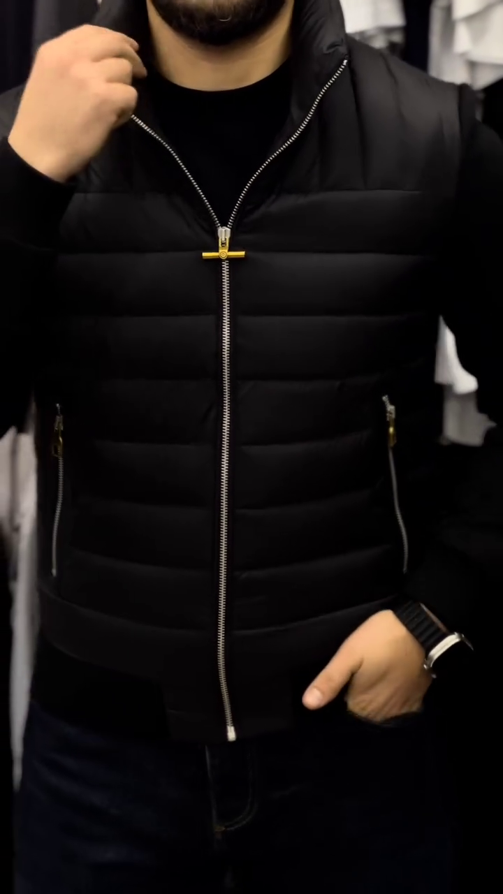 Men's Down Jacket Slim Fit Sleeveless Bomber Vest with Hood