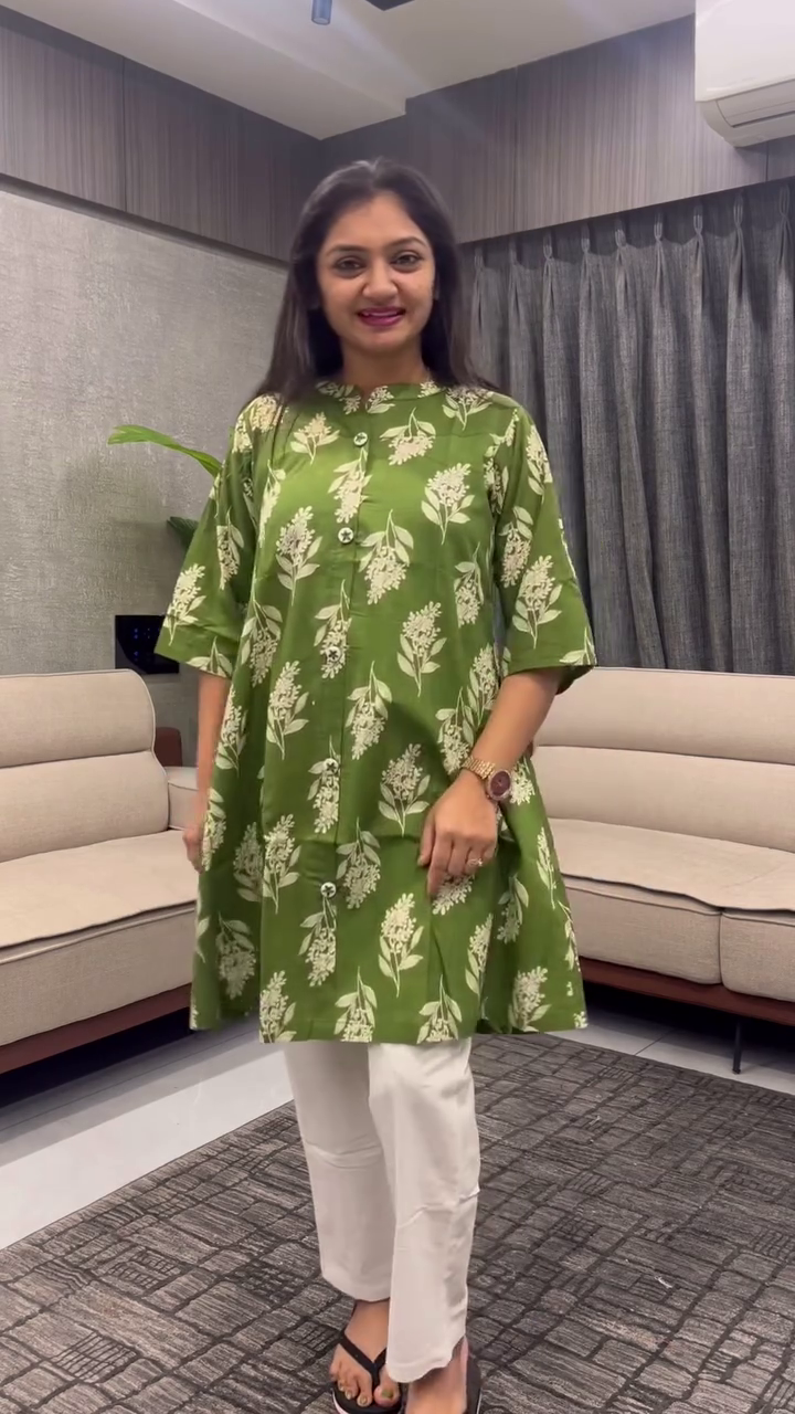 Women's A-Line Cotton Kantha Work Floral Printed Kurta Set with Trouser