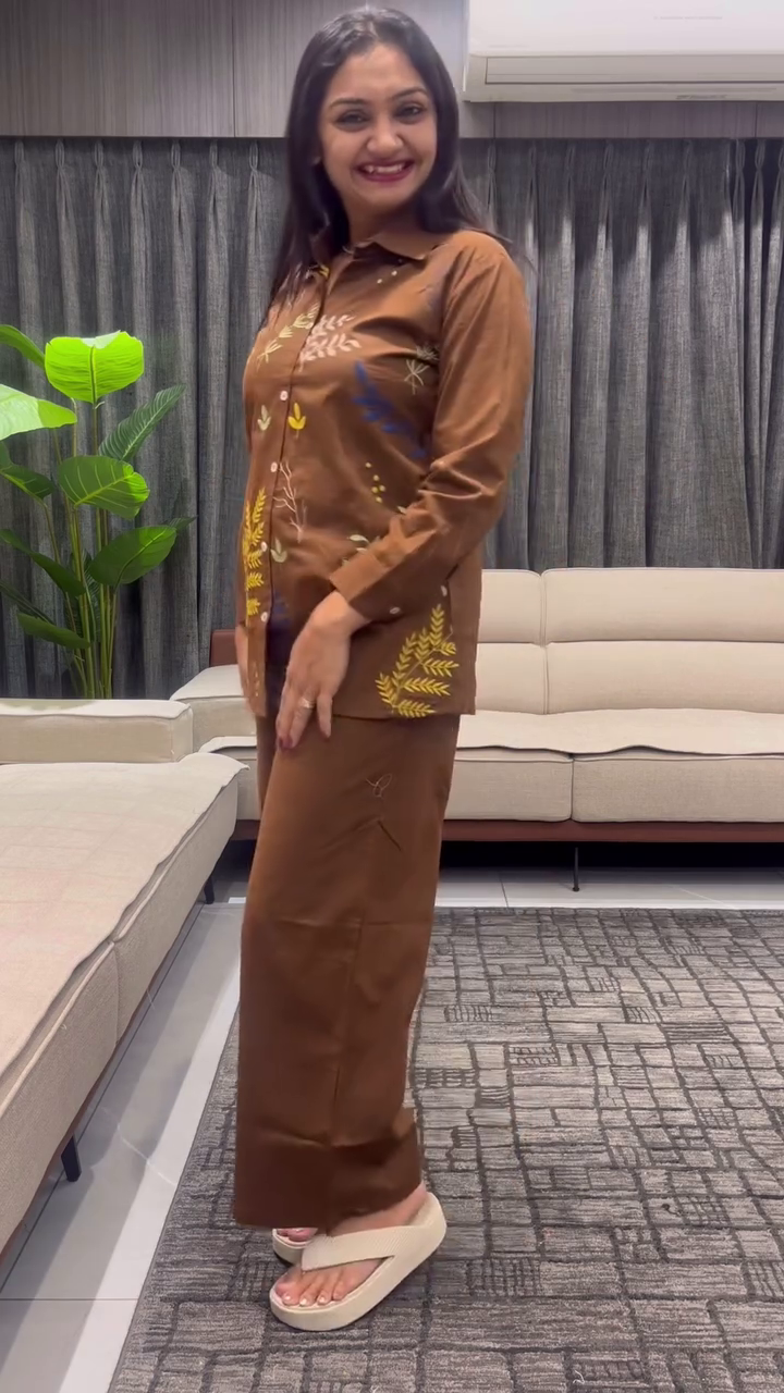 Embroidered Shirt Collar Pure Cotton Shirt & Trousers Co-Ords Set