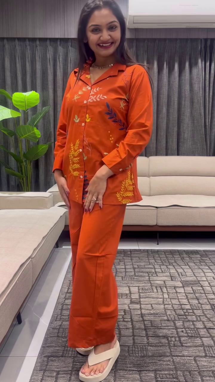 Embroidered Shirt Collar Pure Cotton Shirt & Trousers Co-Ords Set