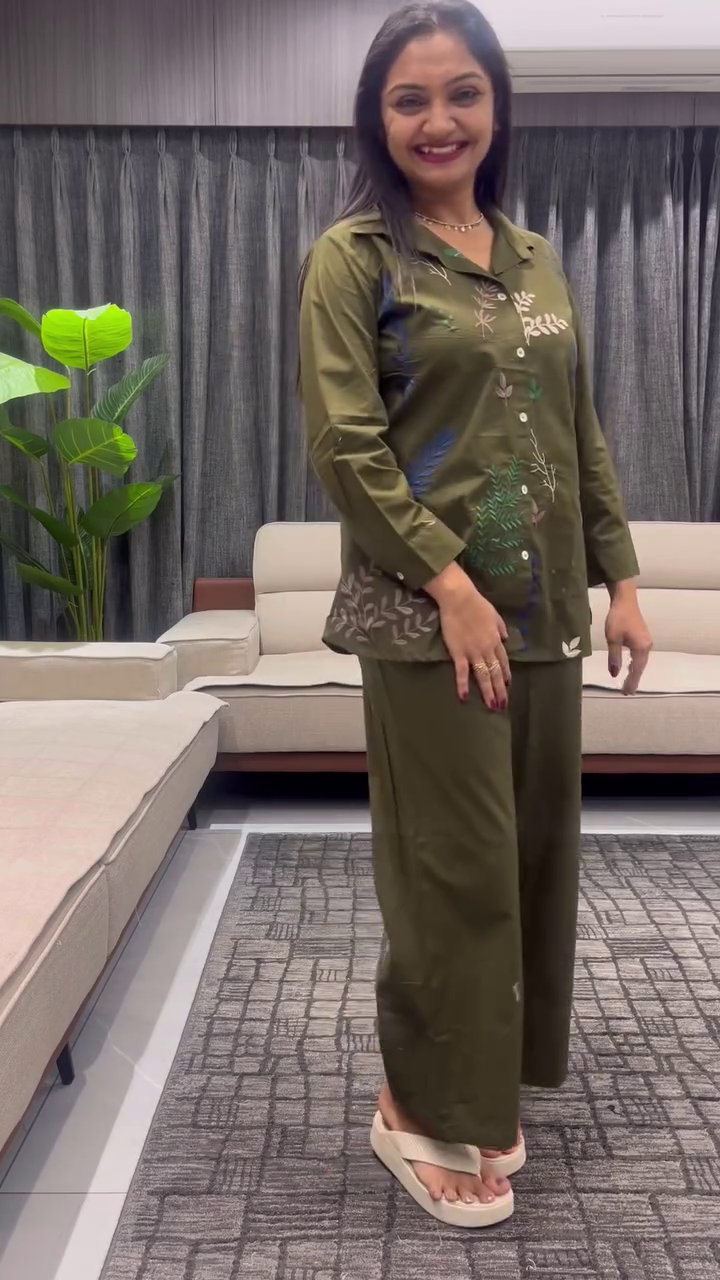 Embroidered Shirt Collar Pure Cotton Shirt & Trousers Co-Ords Set