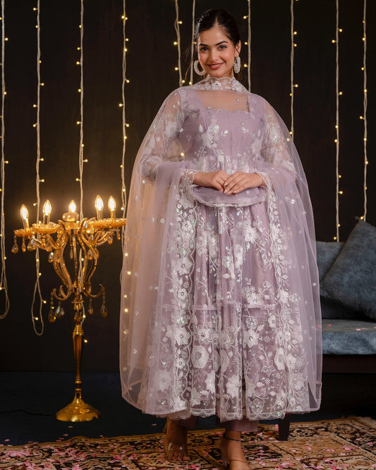 Pink Multi Embroidered Georgette Anarkali Kurta With Trousers And Dupatta (Set Of 3)