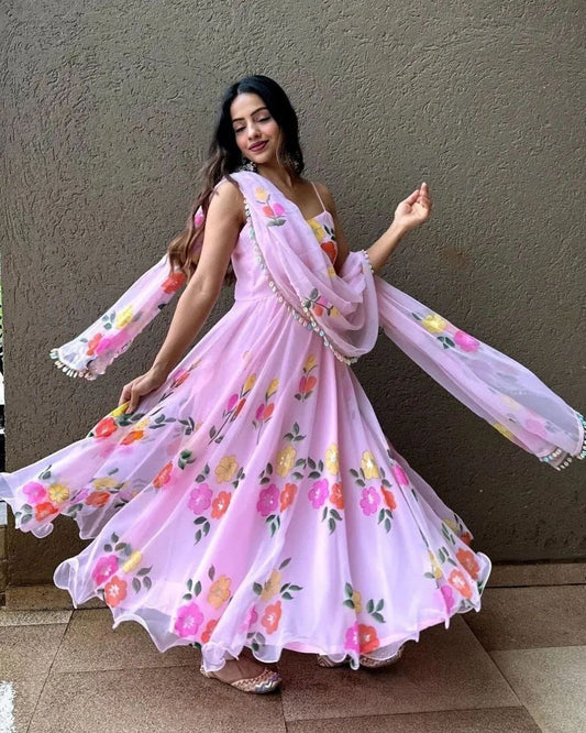 Pink Floral Ready To Wear Chiffon Kurti With Dupatta