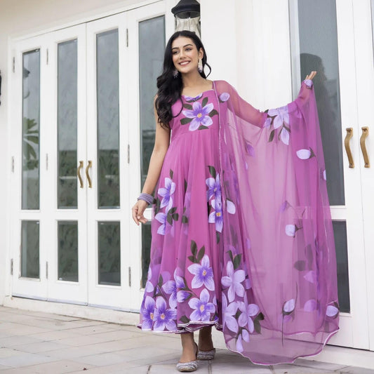 Printed Organza Ethnic Wear Lightweight Sweetheart Neck Sleeveless Gown With Dupatta