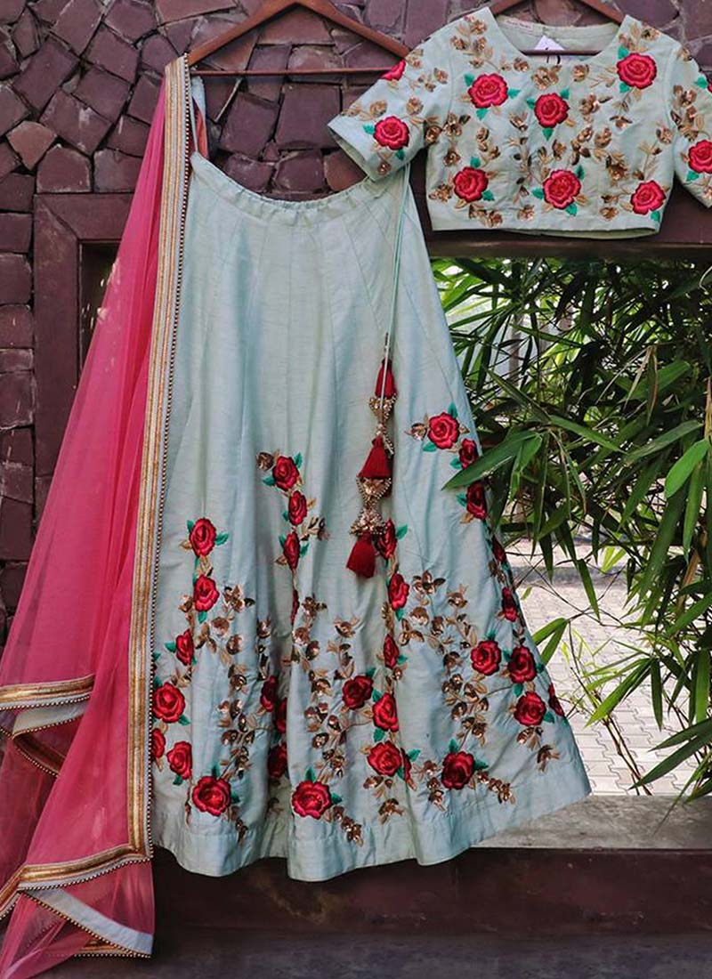 Adorable Sky Blue Flower Embroidered Lehengha Choli